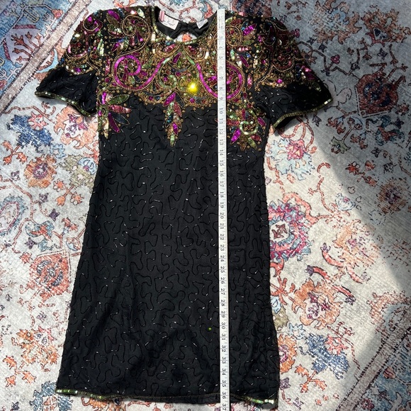 Vintage 80s Lawrence Kazar Embellished multicolor Sequin Cocktail Dress size PL - Picture 12 of 17